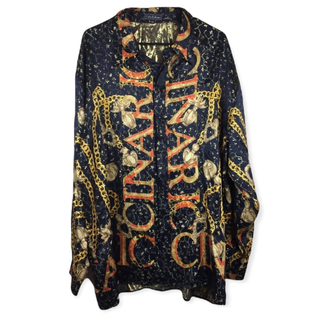 Ceta Italiana Chain Button Versace Vibes Silk Metallic Shirt XL